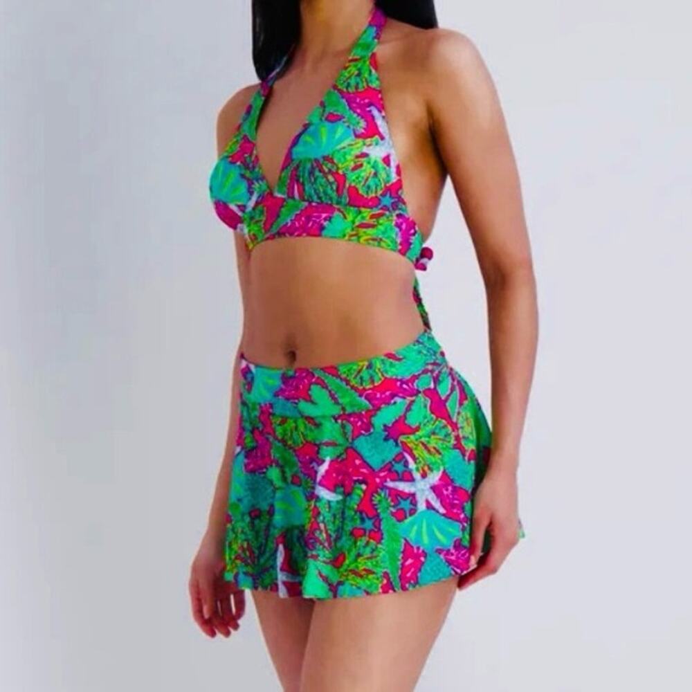Stella Parker Pink Green Starfish Print 2 Piece Halter Swim Skirt Bikini Set M
